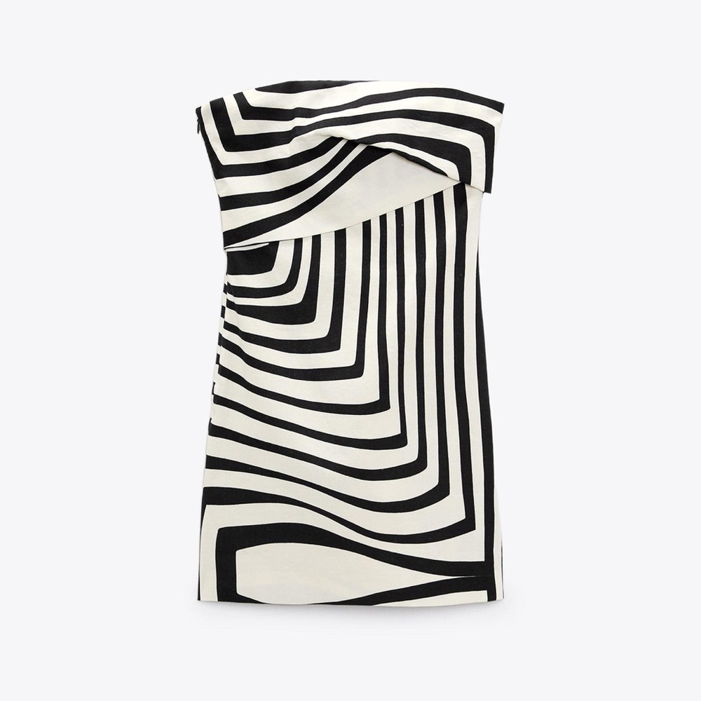 Zara Printed Black and White Strapless Linen Dress, XS